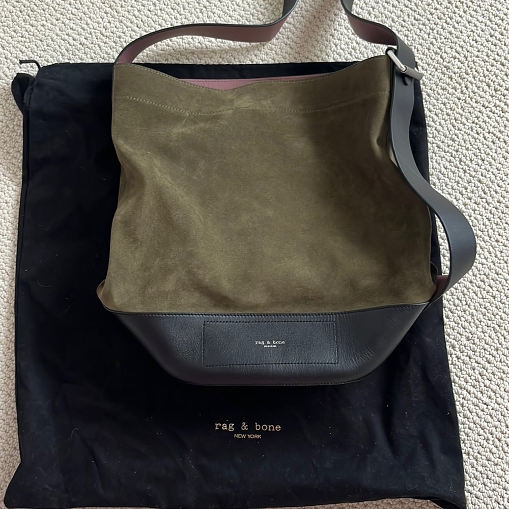 Rag and Bone Walker Sling green suede and leather bag.